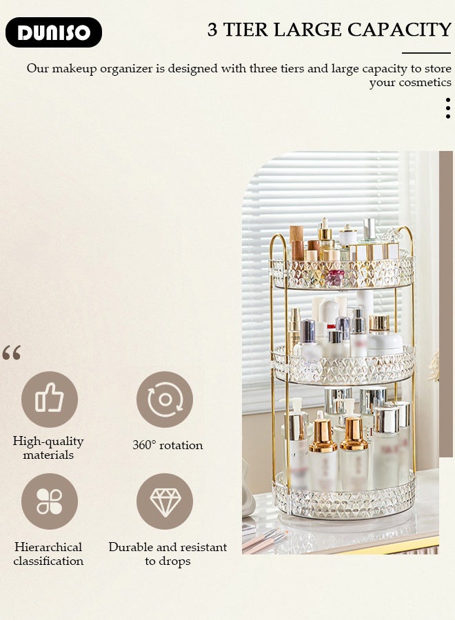 DUNISO 3 Tier Makeup Organizer For Vanity,360 Rotating Skincare Perfume Storage Organizers,Apply To Vanity,Skincare Make Up Organizers Large,Clear Bathroom Counter Organizer,Vanity Organizer for Cosmetic Lipsticks Toiletries Perfume Lotion - Image 4