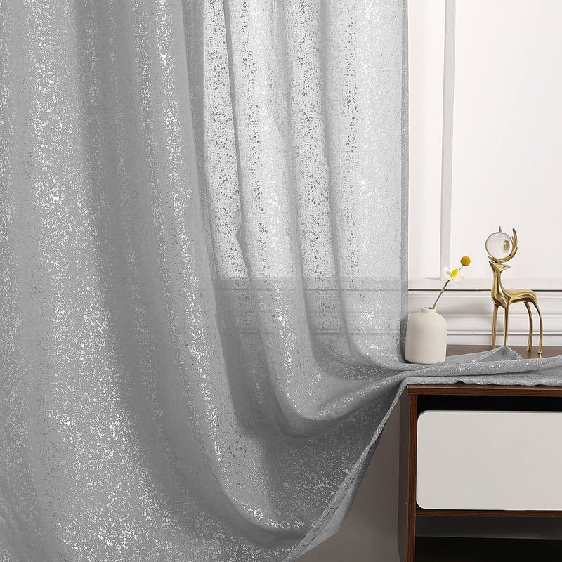 TERLYTEX Silver Grey Sheer Curtains for Living Room  Glam Chic Sparkle Sheer Curtains 96 Inch Length Metallic Silver Foil Glitter Sheer Curtains for Windows 52 x 96 Inch 2 Panels Silver Grey