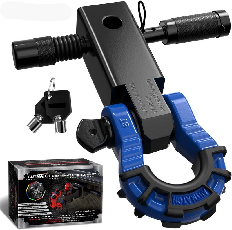 AUTMATCH Shackle Hitch Receiver 2" with 3/4" Mega D Ring Shackle and 5/8" Trailer Hitch Lock Pin, 68,000 Lbs Break Strength Heavy Duty Receiver Towing Kit for Off-Road Vehicle Recovery, Black & Blue - Image 1