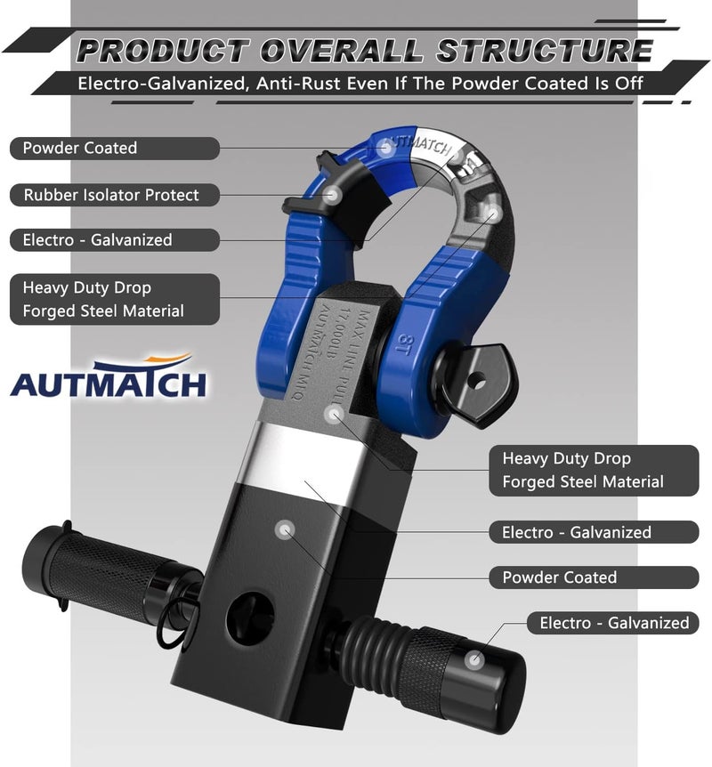 AUTMATCH Shackle Hitch Receiver 2" with 3/4" Mega D Ring Shackle and 5/8" Trailer Hitch Lock Pin, 68,000 Lbs Break Strength Heavy Duty Receiver Towing Kit for Off-Road Vehicle Recovery, Black & Blue - Image 4