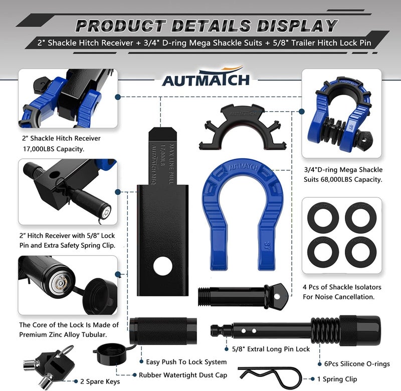 AUTMATCH Shackle Hitch Receiver 2" with 3/4" Mega D Ring Shackle and 5/8" Trailer Hitch Lock Pin, 68,000 Lbs Break Strength Heavy Duty Receiver Towing Kit for Off-Road Vehicle Recovery, Black & Blue - Image 2