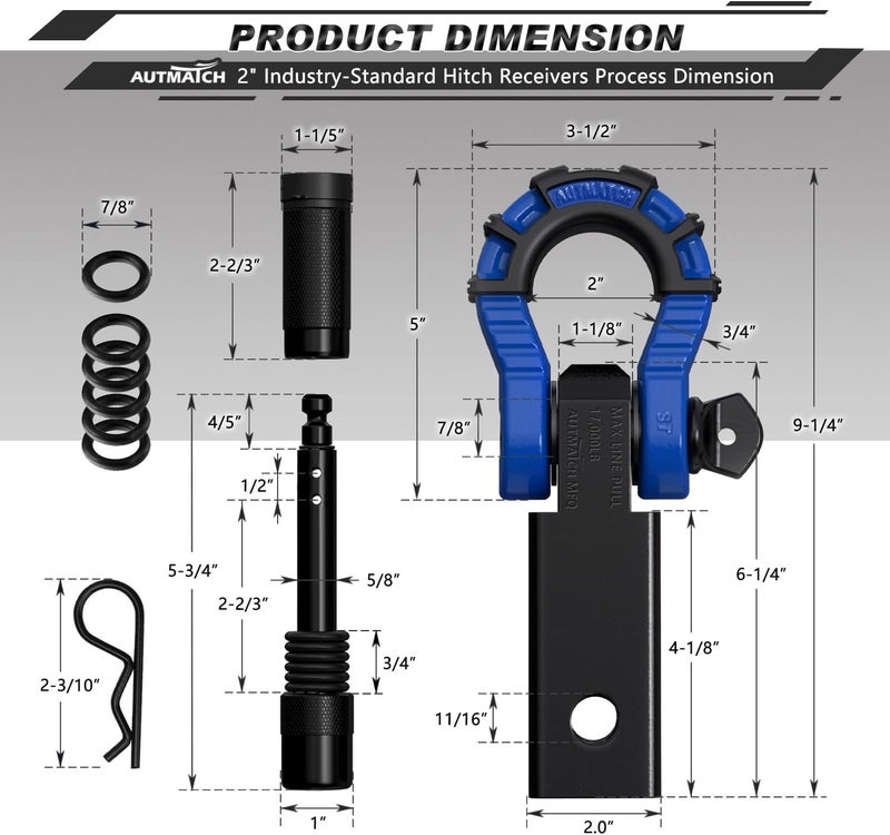 AUTMATCH Shackle Hitch Receiver 2" with 3/4" Mega D Ring Shackle and 5/8" Trailer Hitch Lock Pin, 68,000 Lbs Break Strength Heavy Duty Receiver Towing Kit for Off-Road Vehicle Recovery, Black & Blue - Image 3