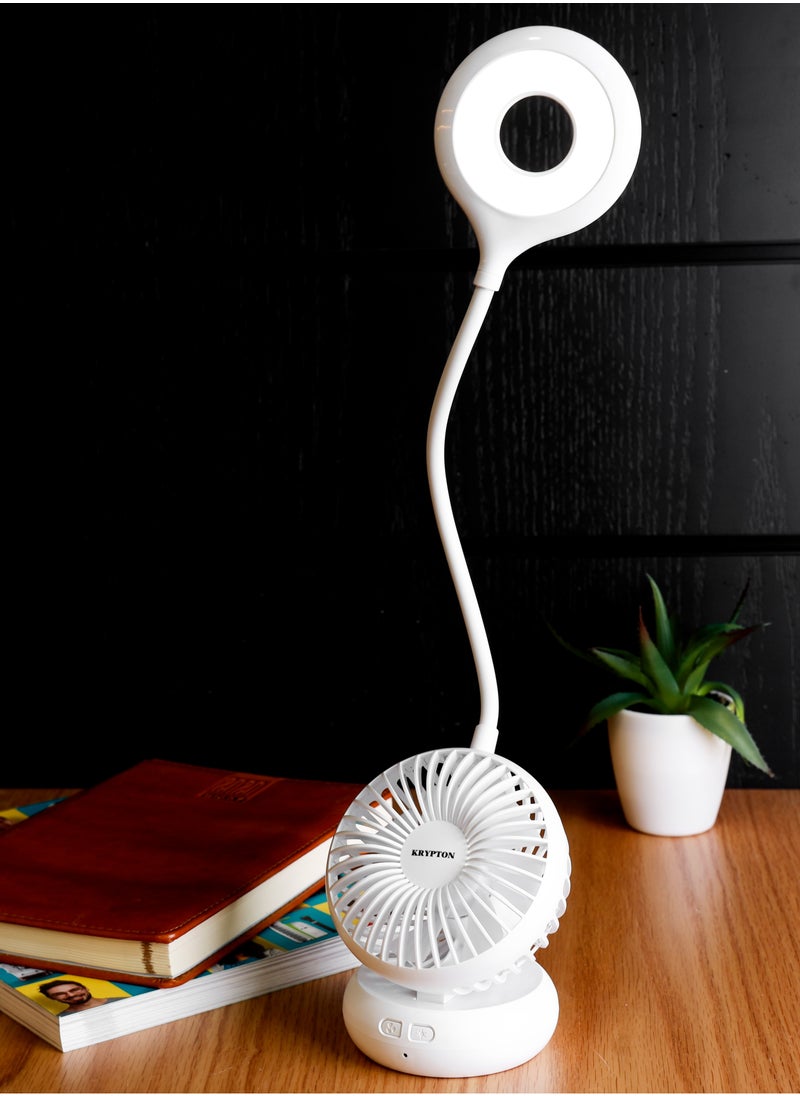 KRYPTON - Krypton Rechargeable Desk Lamp with Mini Fan - 3.5" | 14 Pcs Led with 3 Dimmable Brightness Option with 3 Speed Fan | 1800 Mah Battery | Ideal for Table, Desk, Home, Office & More , KNDL5406 - Image 1