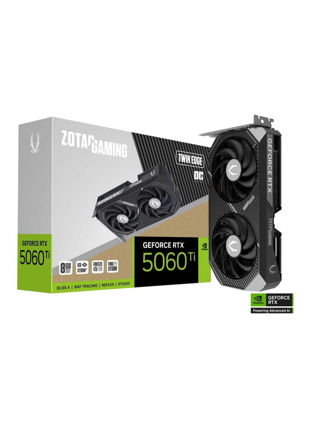 GAMING GeForce RTX 5060 Ti 8GB GDDR7 Twin Edge OC Graphics Card, DLSS 4, Ray Tracing, IceStorm 2.0 Cooling, Dual-Fan, PCIe 8-Pin, Factory Overclocked, Metal Backplate, Compact SFF Design, FireStorm Utility Support | ZT-B50610H-10M