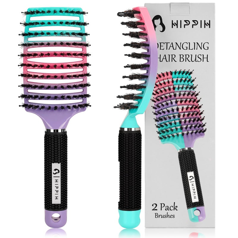 HIPPIH Hair Brushes for Women 2 Pack, HIPPIH Detangler Hair brush for Adult & Kidsâ€™ Wet or Dry Hair, Boar Bristle Hair Brush Getting Knots Out without Pain Adds Shine and Makes Hair Smooth - Image 1