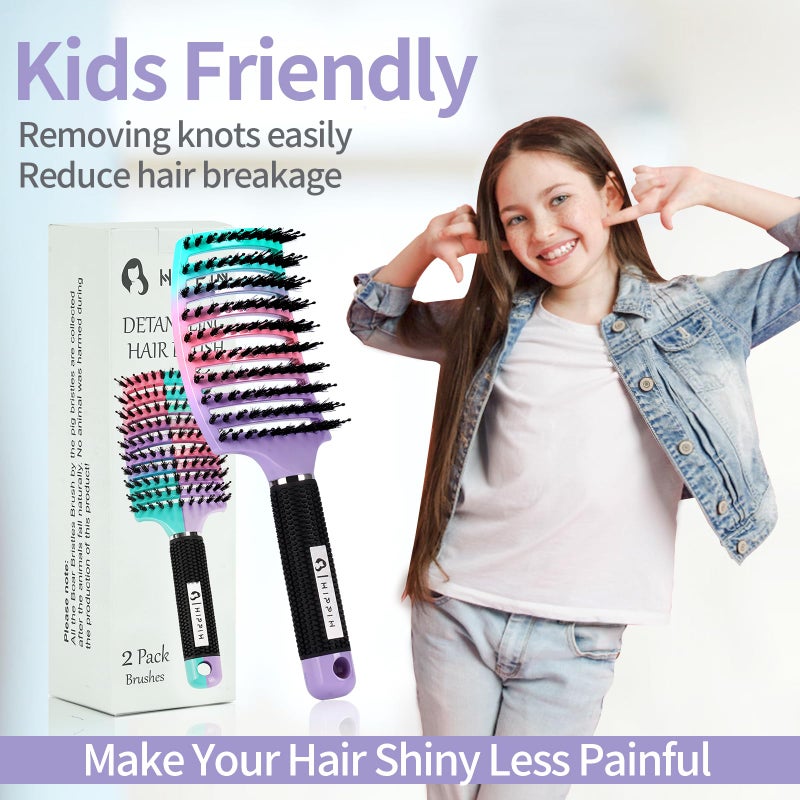 HIPPIH Hair Brushes for Women 2 Pack, HIPPIH Detangler Hair brush for Adult & Kidsâ€™ Wet or Dry Hair, Boar Bristle Hair Brush Getting Knots Out without Pain Adds Shine and Makes Hair Smooth - Image 5