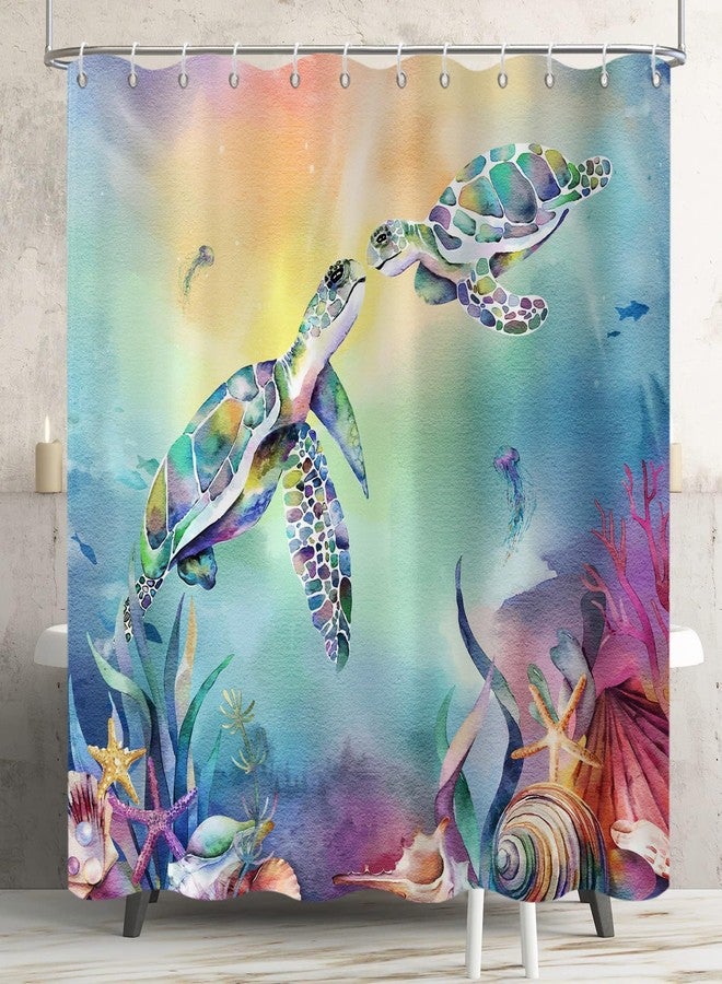 GCIREC Sea Turtle Shower Curtain, Teal Blue Sea Turtle Underwater Colorful Oil Painting Bathroom Curtain Waterproof Fabric 12 PCS Hooks, 72" Wx72 L - Image 1