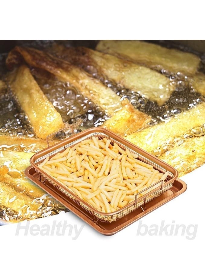 Two-piece copper oven baking tray and crisper set, carbon steel non-stick air fryer/roasting rack with handles and raised legs - Image 5