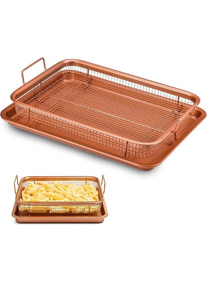 Two-piece copper oven baking tray and crisper set, carbon steel non-stick air fryer/roasting rack with handles and raised legs - Image 2