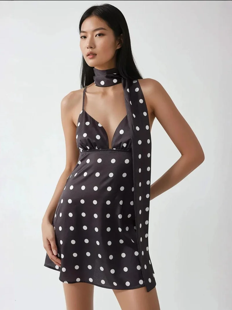Hiccup Black Emily Polka V-Neck Mini Dress for Women | Best Price UAE