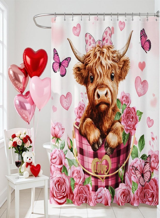 Mocsicka Valentines Shower Curtain, Cute Funny Highland Cow Pink Floral Heart Shower Curtain for Valentine Day Bathroom Decor Waterproof Bath Curtain, 72 X 72inch - Image 5