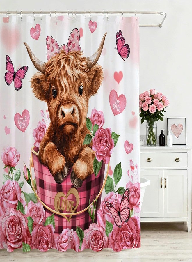 Mocsicka Valentines Shower Curtain, Cute Funny Highland Cow Pink Floral Heart Shower Curtain for Valentine Day Bathroom Decor Waterproof Bath Curtain, 72 X 72inch - Image 1