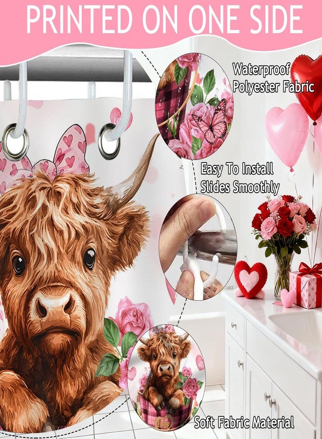 Mocsicka Valentines Shower Curtain, Cute Funny Highland Cow Pink Floral Heart Shower Curtain for Valentine Day Bathroom Decor Waterproof Bath Curtain, 72 X 72inch - Image 3