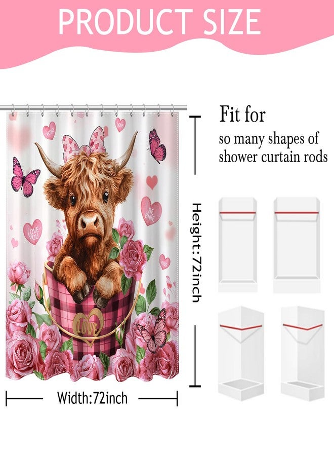 Mocsicka Valentines Shower Curtain, Cute Funny Highland Cow Pink Floral Heart Shower Curtain for Valentine Day Bathroom Decor Waterproof Bath Curtain, 72 X 72inch - Image 2