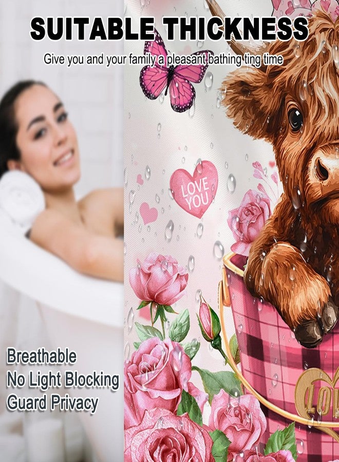 Mocsicka Valentines Shower Curtain, Cute Funny Highland Cow Pink Floral Heart Shower Curtain for Valentine Day Bathroom Decor Waterproof Bath Curtain, 72 X 72inch - Image 4