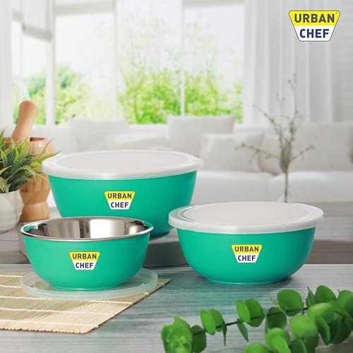 URBAN CHEF Stainless Steel Microwave Safe Bowl Set|1 Year Warranty|Kitchen Accessories Items for Home, Microwave Safe Utensils, Serving/Microwave Fit Bowl, Set of 3-500ml, 800ml, 1250ml (Parrot Green) - Image 2