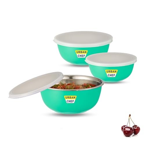 URBAN CHEF Stainless Steel Microwave Safe Bowl Set|1 Year Warranty|Kitchen Accessories Items for Home, Microwave Safe Utensils, Serving/Microwave Fit Bowl, Set of 3-500ml, 800ml, 1250ml (Parrot Green) - Image 1