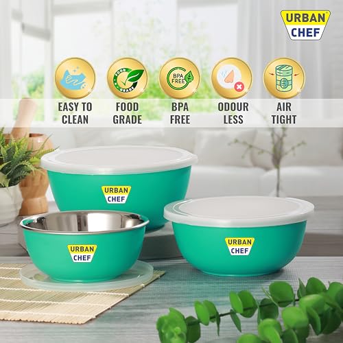 URBAN CHEF Stainless Steel Microwave Safe Bowl Set|1 Year Warranty|Kitchen Accessories Items for Home, Microwave Safe Utensils, Serving/Microwave Fit Bowl, Set of 3-500ml, 800ml, 1250ml (Parrot Green) - Image 5