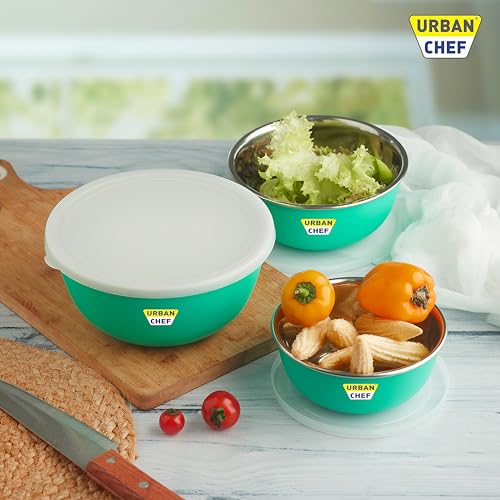 URBAN CHEF Stainless Steel Microwave Safe Bowl Set|1 Year Warranty|Kitchen Accessories Items for Home, Microwave Safe Utensils, Serving/Microwave Fit Bowl, Set of 3-500ml, 800ml, 1250ml (Parrot Green) - Image 4
