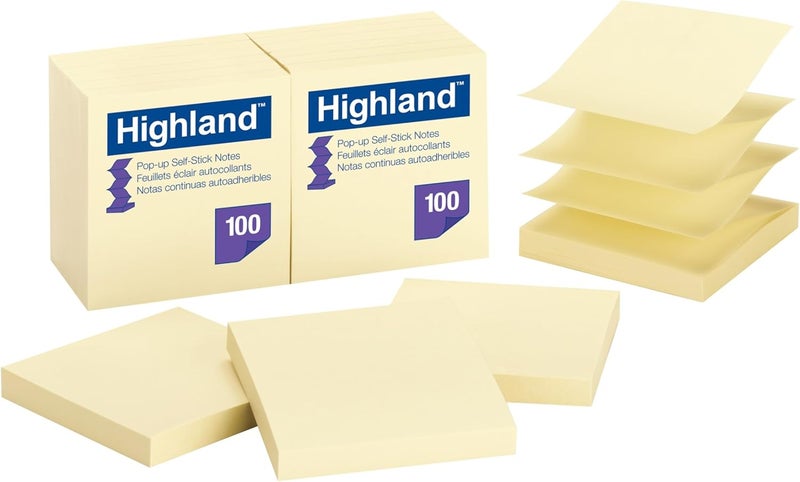 Highland Pop-up Sticky Notes, 3 x 3 Inches, Yellow, 12 Pack - Image 1