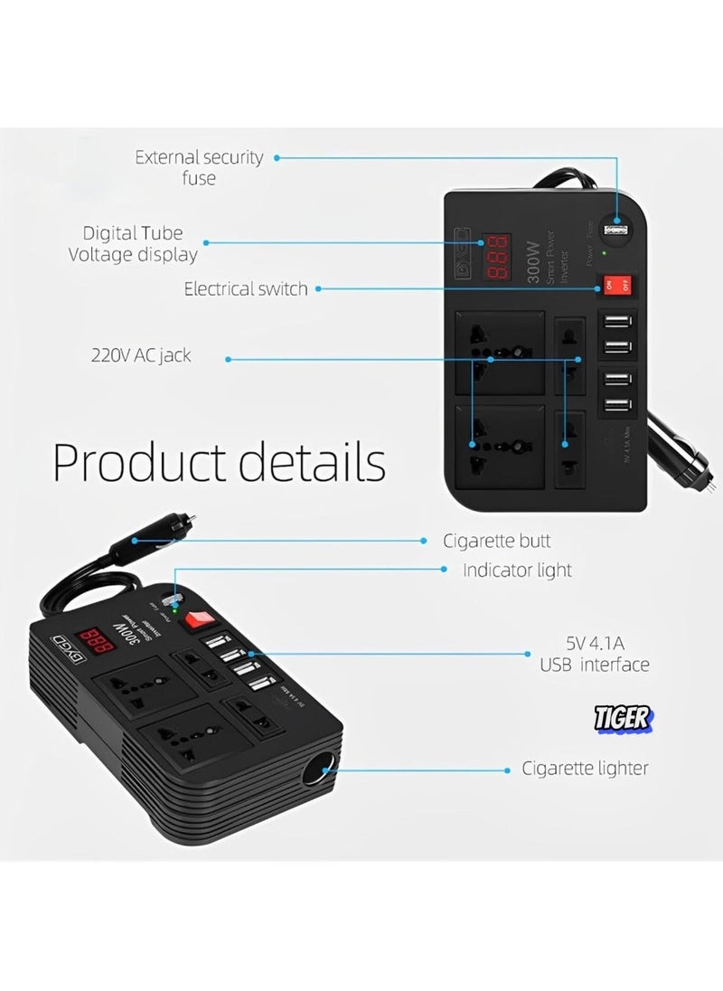 TIGER 300W Car Power Inverter – DC 12V to 220V AC Converter with LED Display, 4 USB Ports, 4 Charger Outlets, Pure Sine Wave – Portable Car Charger for Cars, RVs, and Travel  - Image 2
