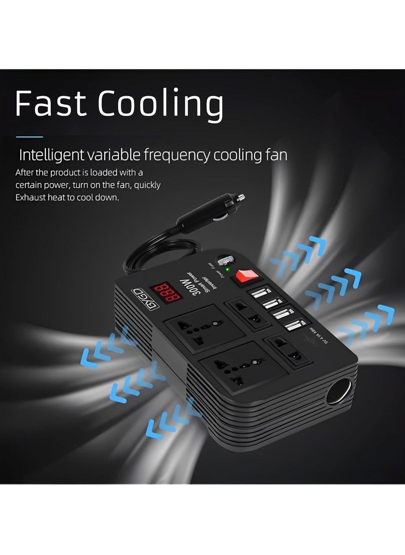 TIGER 300W Car Power Inverter – DC 12V to 220V AC Converter with LED Display, 4 USB Ports, 4 Charger Outlets, Pure Sine Wave – Portable Car Charger for Cars, RVs, and Travel  - Image 5