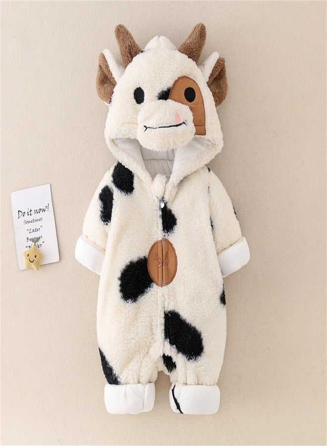Gureui Newborn Baby Boy Girl Winter Plush Clothes Long Sleeve Zipper Hooded Romper Onesie Toddler Infant Cow Outfit (A Beige Cow, 0-3 Months) - Image 2