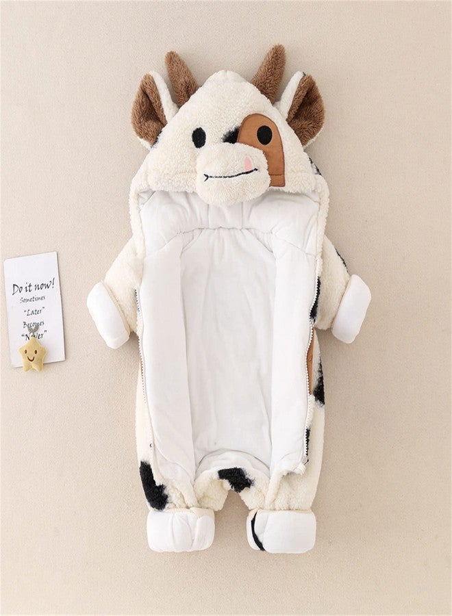 Gureui Newborn Baby Boy Girl Winter Plush Clothes Long Sleeve Zipper Hooded Romper Onesie Toddler Infant Cow Outfit (A Beige Cow, 0-3 Months) - Image 3