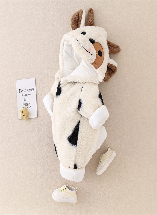 Gureui Newborn Baby Boy Girl Winter Plush Clothes Long Sleeve Zipper Hooded Romper Onesie Toddler Infant Cow Outfit (A Beige Cow, 0-3 Months) - Image 4