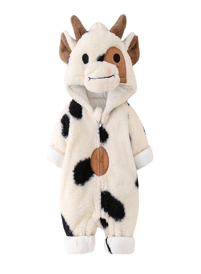 Gureui Newborn Baby Boy Girl Winter Plush Clothes Long Sleeve Zipper Hooded Romper Onesie Toddler Infant Cow Outfit (A Beige Cow, 0-3 Months) - Image 1