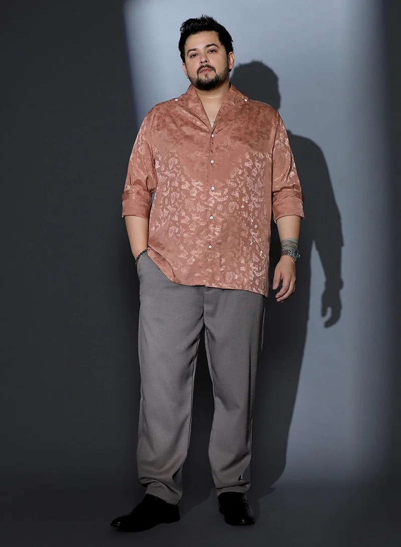 انستافاب بلس Instafab Plus Men Flake-Jacquard Satin Shirt | One Piece Collar , Long Cuffed Sleeves | Button Closure , Straight Hem | Abstract Jacquard Material | Woven Fabric For Party & Evening Wear | Dark Peach