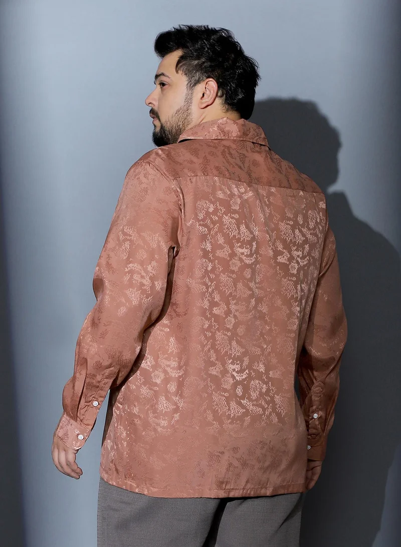 انستافاب بلس Instafab Plus Men Flake-Jacquard Satin Shirt | One Piece Collar , Long Cuffed Sleeves | Button Closure , Straight Hem | Abstract Jacquard Material | Woven Fabric For Party & Evening Wear | Dark Peach