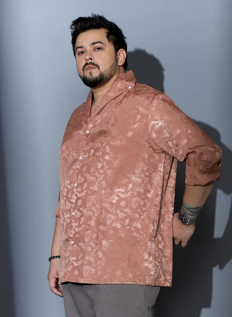 انستافاب بلس Instafab Plus Men Flake-Jacquard Satin Shirt | One Piece Collar , Long Cuffed Sleeves | Button Closure , Straight Hem | Abstract Jacquard Material | Woven Fabric For Party & Evening Wear | Dark Peach