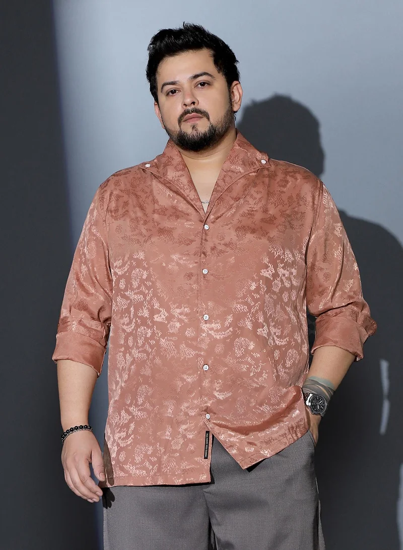 انستافاب بلس Instafab Plus Men Flake-Jacquard Satin Shirt | One Piece Collar , Long Cuffed Sleeves | Button Closure , Straight Hem | Abstract Jacquard Material | Woven Fabric For Party & Evening Wear | Dark Peach