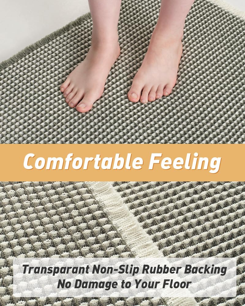 AMOAMI Upgraded Waffle Bath Mat, Super Absorbent Non Slip Bath Mats for Bathroom Floor, Machine Washable Bathroom Rugs with Tassels, Rubber Backed Bathroom Mats, Ultra Soft, 17" x 24", Green & Cream - Image 3