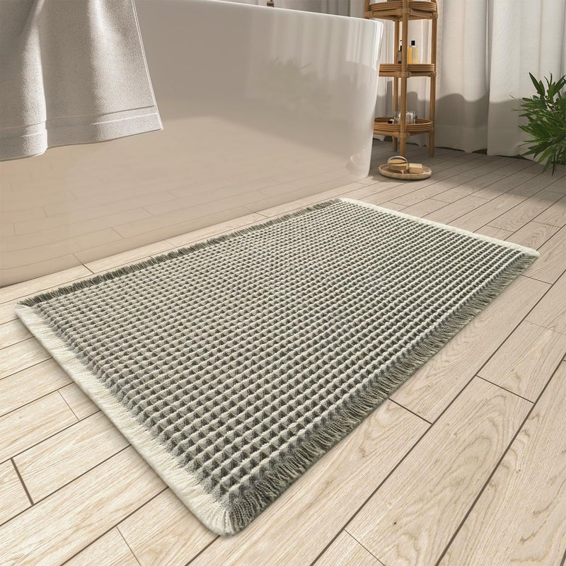 AMOAMI Upgraded Waffle Bath Mat, Super Absorbent Non Slip Bath Mats for Bathroom Floor, Machine Washable Bathroom Rugs with Tassels, Rubber Backed Bathroom Mats, Ultra Soft, 17" x 24", Green & Cream - Image 1