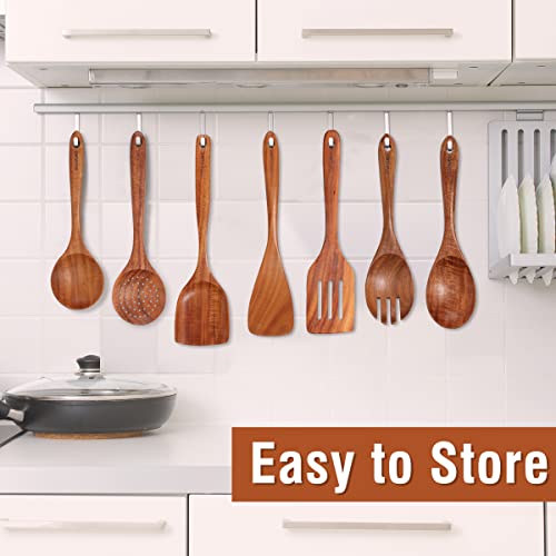 Mooues 15Piece Wooden Spoons for Cooking Natural Teak Wooden Kitchen Utensils Set Comfort Grip - Image 5
