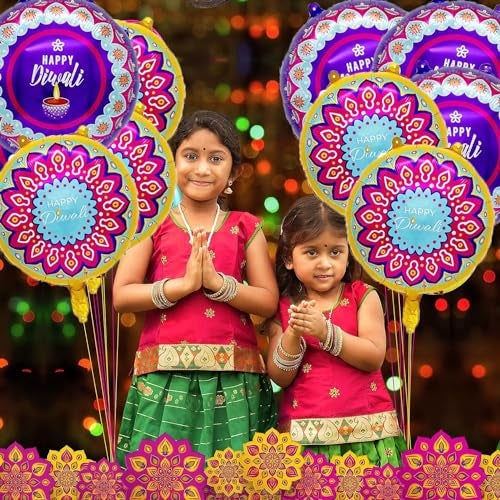 Atpata Funky 12pcs. 18-inch Round Happy Diwali Foil Balloons - Rangoli & Diya Design for Deepawali Festive Decor, Diwali Celebrations, Vibrant Home Office Party Decor - Image 4