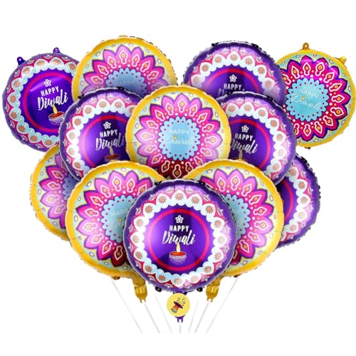 Atpata Funky 12pcs. 18-inch Round Happy Diwali Foil Balloons - Rangoli & Diya Design for Deepawali Festive Decor, Diwali Celebrations, Vibrant Home Office Party Decor - Image 1