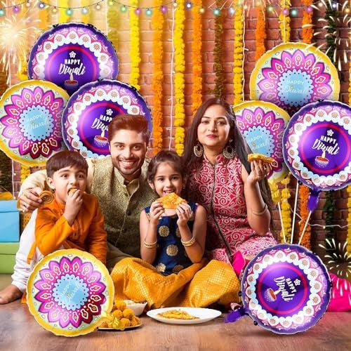 Atpata Funky 12pcs. 18-inch Round Happy Diwali Foil Balloons - Rangoli & Diya Design for Deepawali Festive Decor, Diwali Celebrations, Vibrant Home Office Party Decor - Image 2