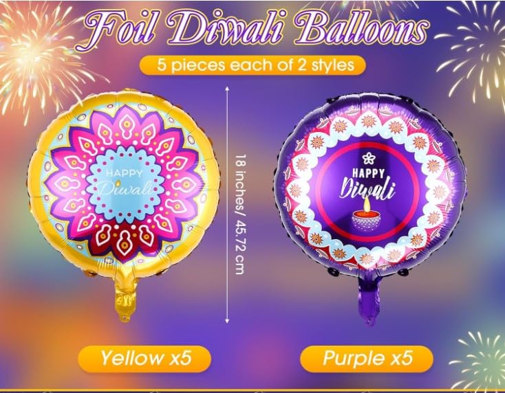 Atpata Funky 12pcs. 18-inch Round Happy Diwali Foil Balloons - Rangoli & Diya Design for Deepawali Festive Decor, Diwali Celebrations, Vibrant Home Office Party Decor - Image 3