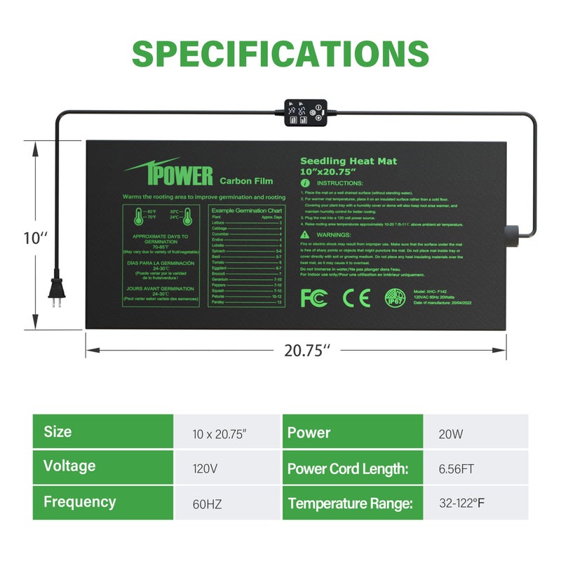 iPower Seedling Heat Mat for Plants with Dual Digital Temperature Controller, 10" x 20.75", Black - Image 2