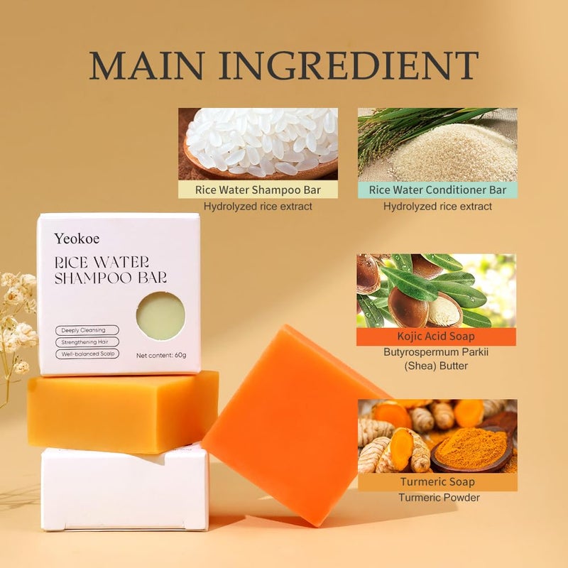 Yeokoe Turmeric Soap Bar and Rice Water Shampoo Conditioner Bar Set,Kojic acid for Body,Face and Hair,Deep Cleansing,Travel Toiletries,Spa Gifts For Women - Image 2