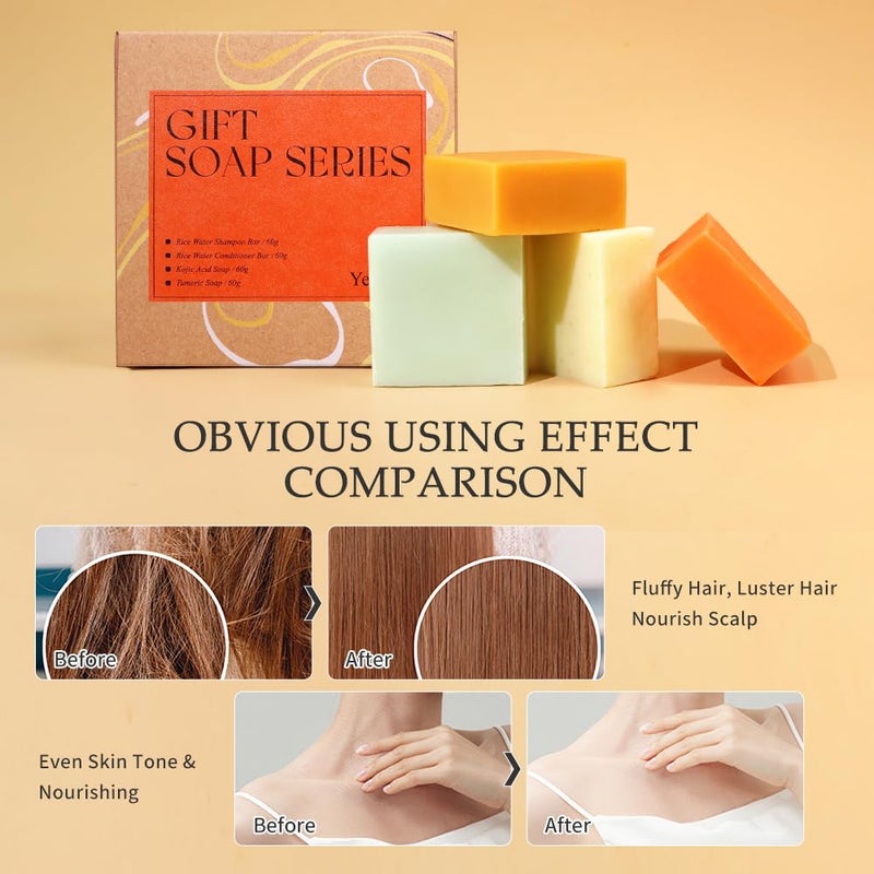 Yeokoe Turmeric Soap Bar and Rice Water Shampoo Conditioner Bar Set,Kojic acid for Body,Face and Hair,Deep Cleansing,Travel Toiletries,Spa Gifts For Women - Image 4