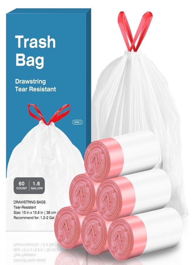 KUK 1.6 Gallon Drawstring Trash Bags - 60 Count White Small Garbage Bags, Unscented Strong Plastic Waste Basket Liners for Home/Office/Car, Fits 4.5-8 Liter Bins, 6 Rolls with Tear-Free Design - Image 1