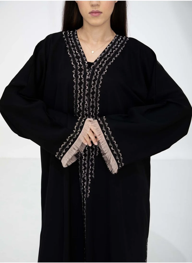 MSquare Fashion Black Nida Abaya with Contrast Threadwork & Plan Black Headscarf