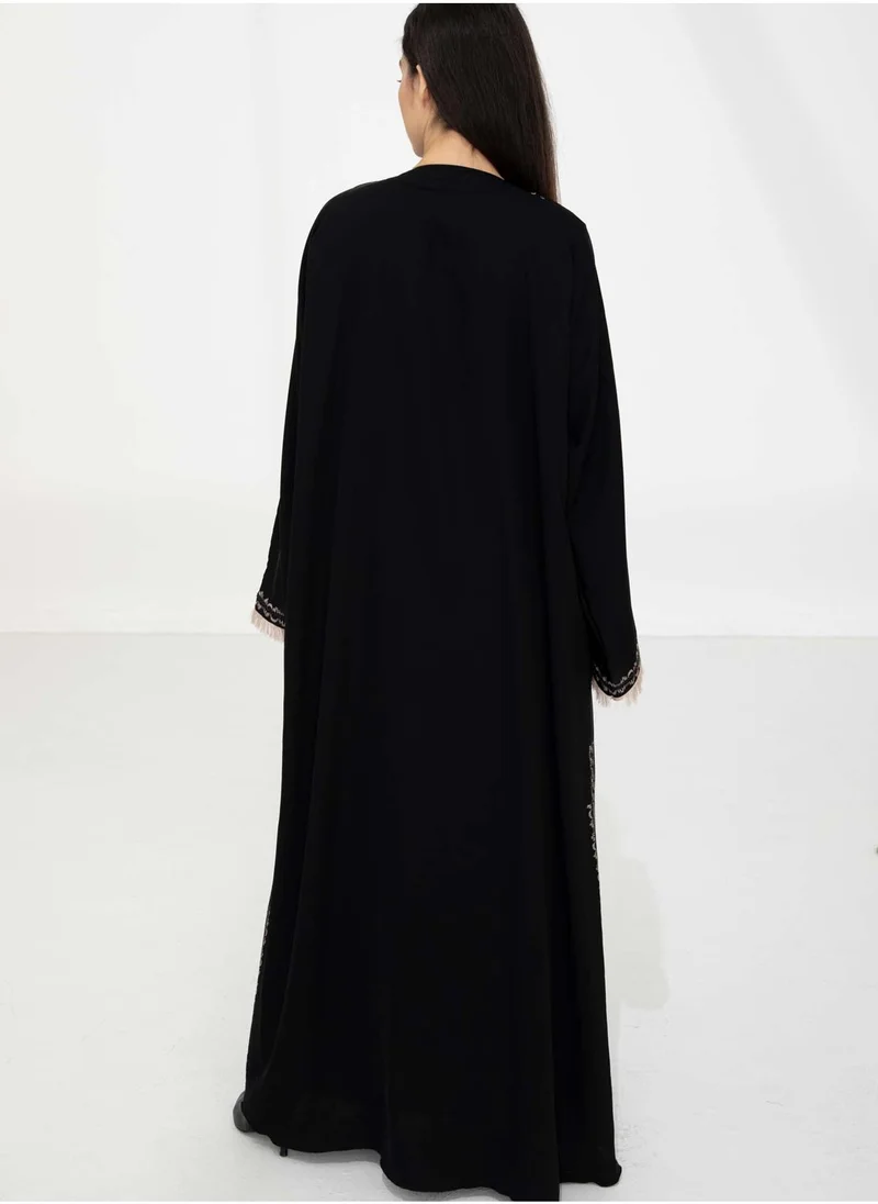 MSquare Fashion Black Nida Abaya with Contrast Threadwork & Plan Black Headscarf