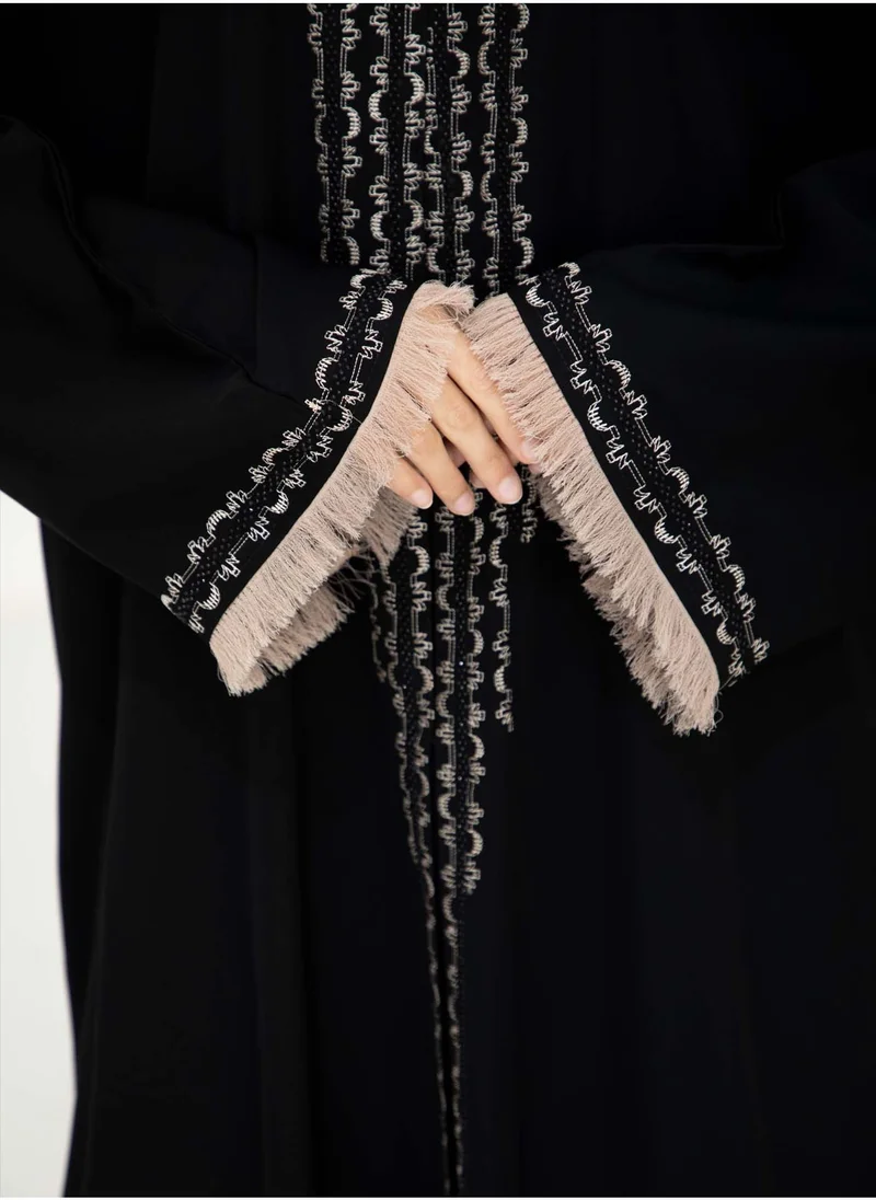 MSquare Fashion Black Nida Abaya with Contrast Threadwork & Plan Black Headscarf