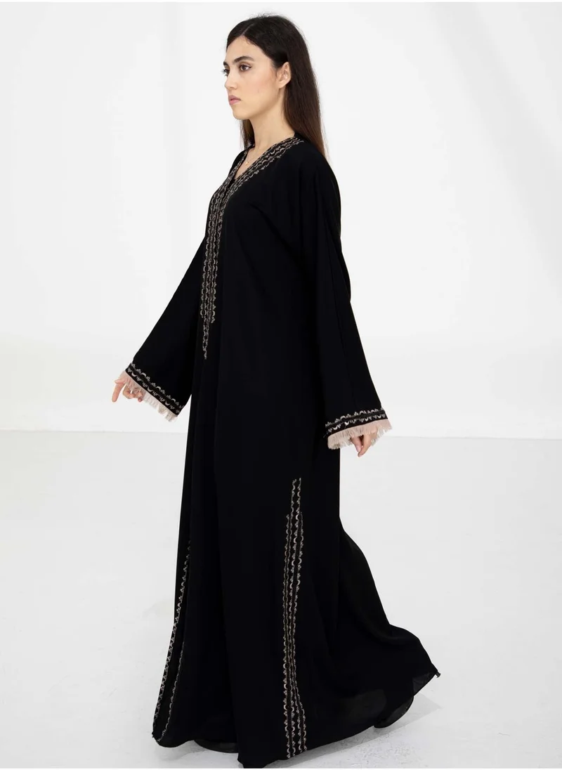 MSquare Fashion Black Nida Abaya with Contrast Threadwork & Plan Black Headscarf