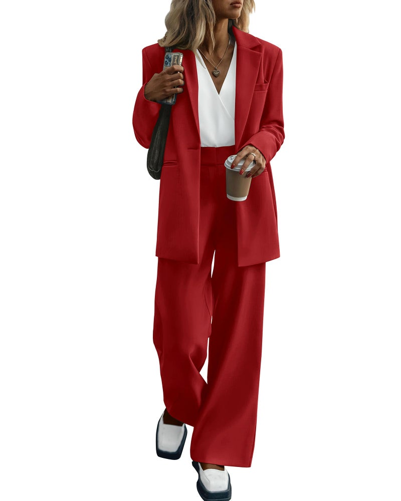 KIRUNDO Women Suits 2 Piece Set Business Casual Dressy Oversized Blazer Jacket and Wide Leg Dress Pantsuits Formal Outfits(Red, Large) - Image 1